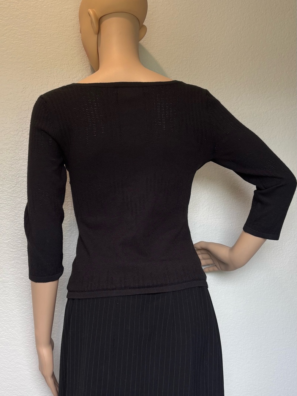 Express Black V-Neck Tie-Front Knit Textured Top stretch 3/4 sleeves Small - Picture 9 of 12